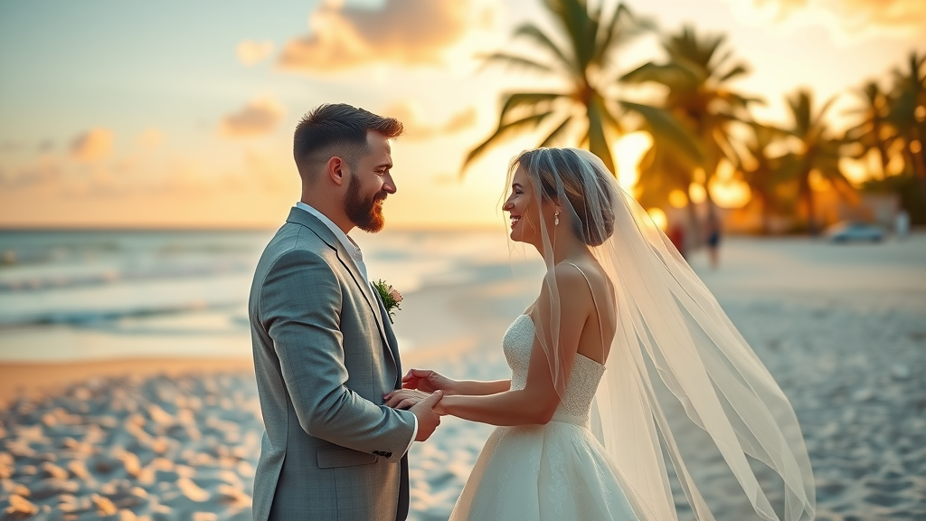 Romantic sunset beach wedding venue with couple exchanging vows by the sea