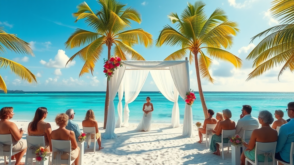 Elegant beach wedding venue with arch, palms, and ocean at a tropical shore