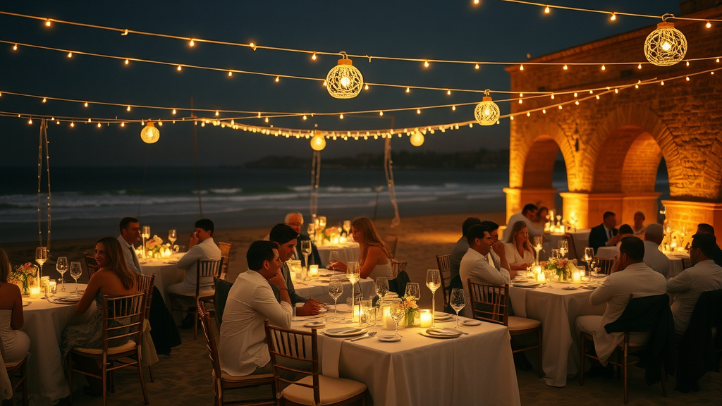 Magical beach wedding venue reception under stars with fairy lights and candles