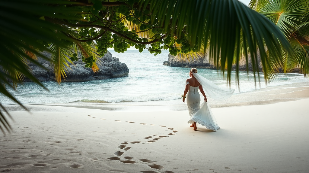 Secluded beach wedding venue with couple walking hand in hand by ocean shore