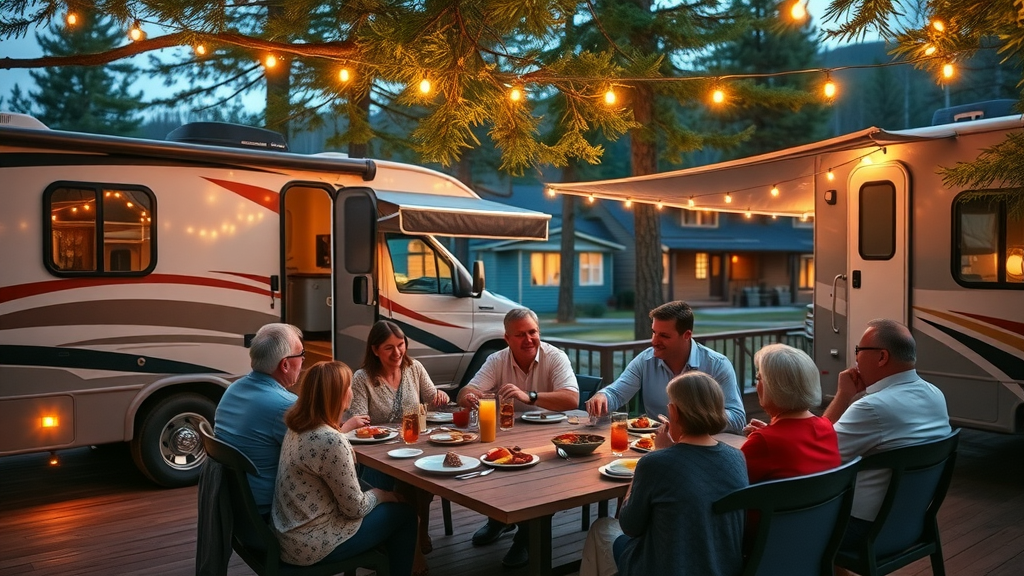 Campers dining by their RV at KOA site with scenic forest backdrop
