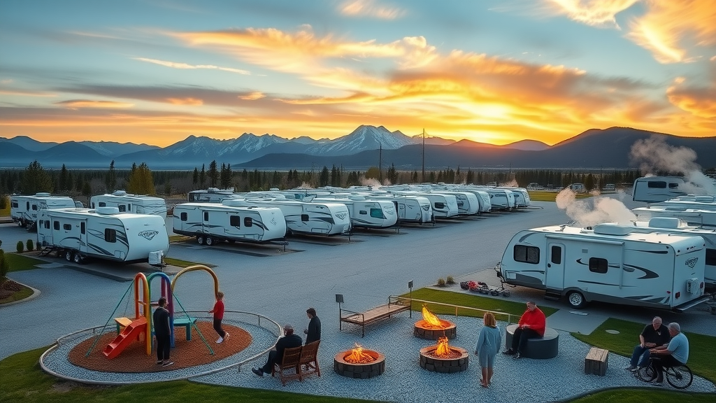 Vibrant RV campground KOA with playground and firepits near Glacier National Park