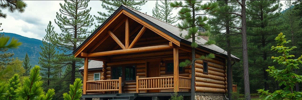 Rustic cabin porch at West Glacier RV Park surrounded by pine trees and mountains.