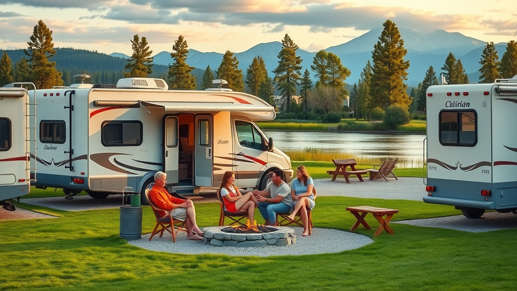 Family enjoying West Glacier RV Park with RV, trees, and mountain views