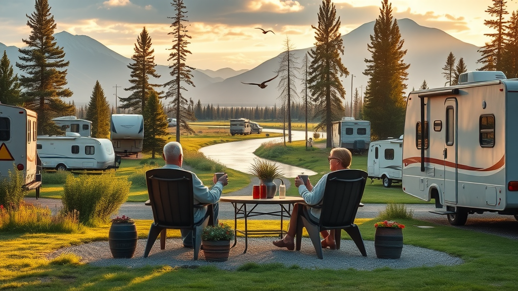Couple enjoying morning coffee at West Glacier RV Park near river and mountains