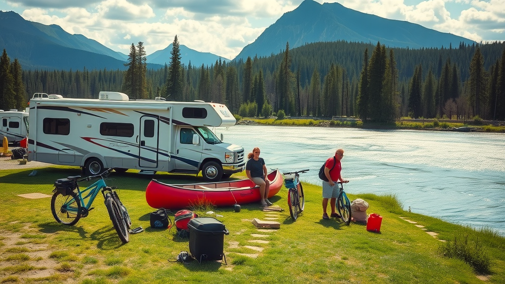Riverside camping and outdoor activities at West Glacier RV Park with mountain scenery