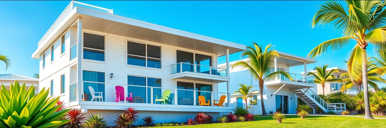 Modern Corpus Christi getaway vacation rental with palms and sunlit outdoor spaces.
