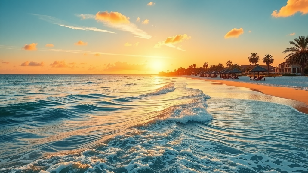 Beautiful Corpus Christi waterfront sunrise with beach umbrellas, highlighting the perfect corpus christi getaway.