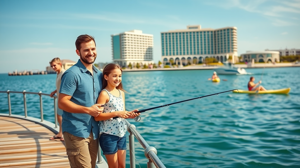 Family fishing on a Corpus Christi pier with resort in background, celebrating a fun-filled corpus christi getaway.