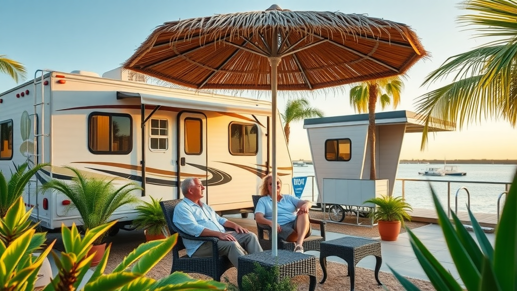 Corpus Christi waterfront RV resort scene showing relaxing couple and stunning views, perfect for a Corpus Christi getaway.