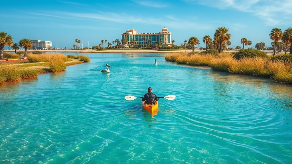 Kayaker exploring Corpus Christi canal with waterfront resort in view, a must for any corpus christi getaway.