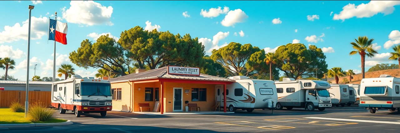South Texas camping RV park office with laundry, flags, and RVs under blue sky