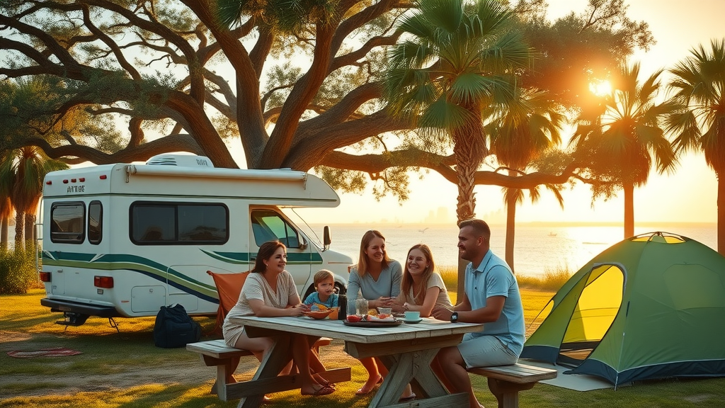South Texas camping family enjoying breakfast under oak trees by their RV