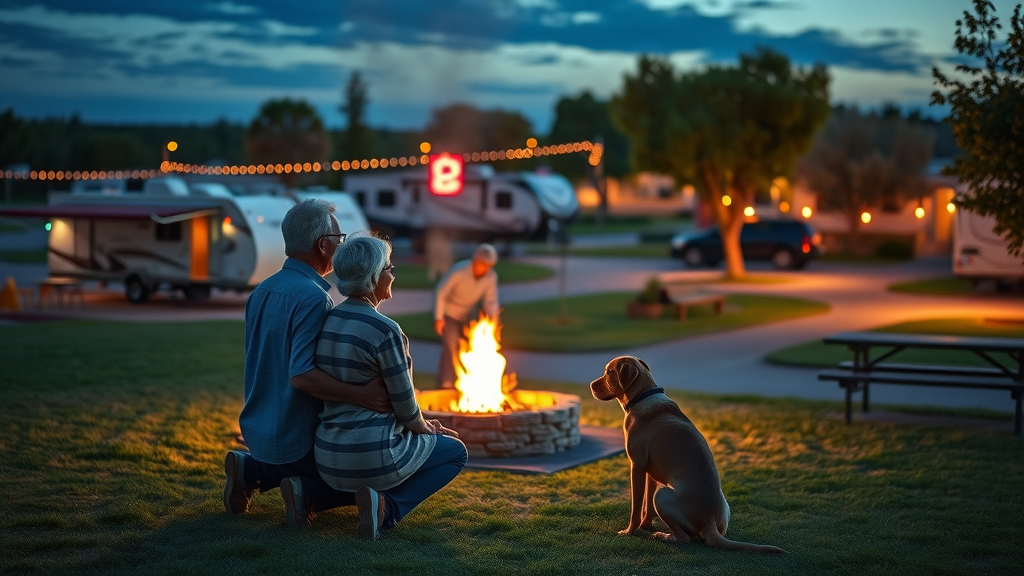 Twilight South Texas RV camping with couple by campfire and park amenities