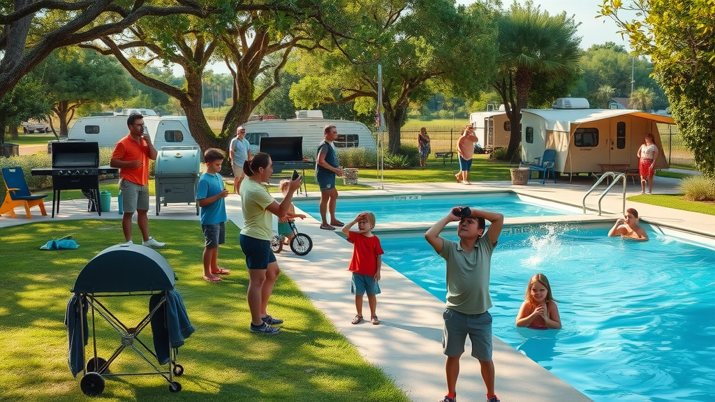 Active South Texas camping community in Corpus Christi enjoying outdoor amenities