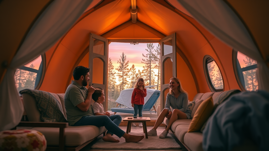 Glamping pod stay with family playing and relaxing in cozy Montana pod