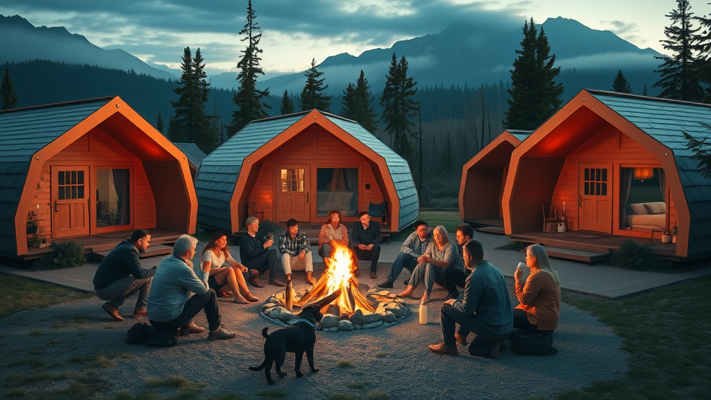Glamping pod stays near Glacier with campfire and group of travelers outdoors