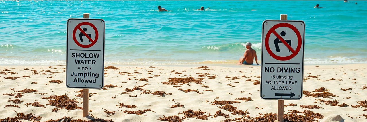 Beach safety signs and swimmers highlighting beach recreational activities.