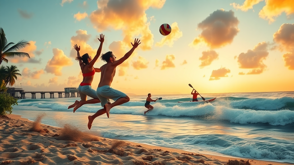 Active beachgoers enjoying volleyball and water sports at sunset on the beach