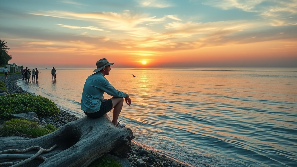 Peaceful sunset beach scene with recreational activities and informational trails