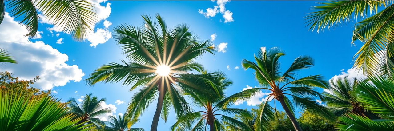 Palm trees with sun rays in Monroe County Florida park, blue sky, lush scenery