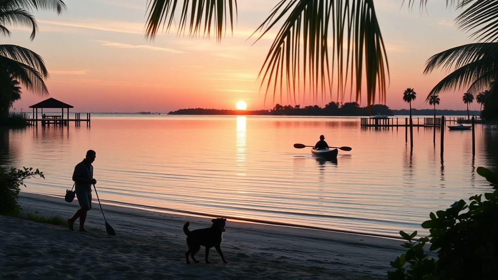 Sunrise over Monroe County Florida parks beach with dog walker and kayaker