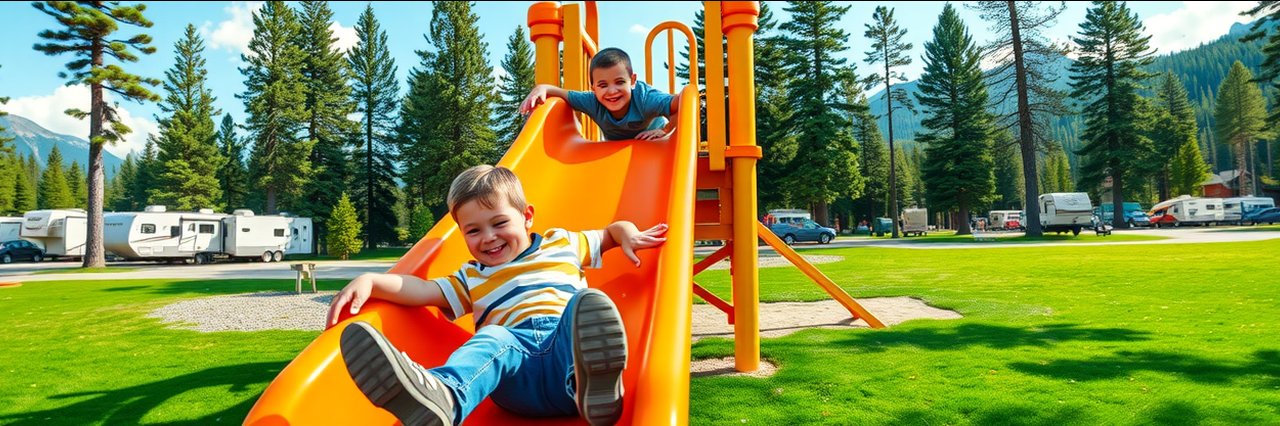 Children playing on slide at West Glacier RV Park with playground, RVs, and pine trees.