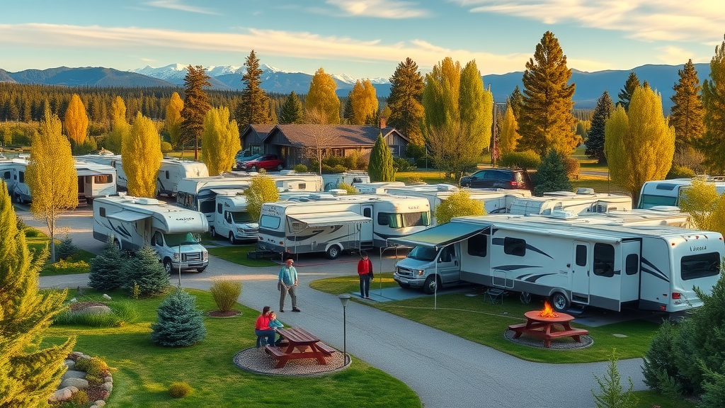 West Glacier RV Park with RVs and families nestled near mountain views