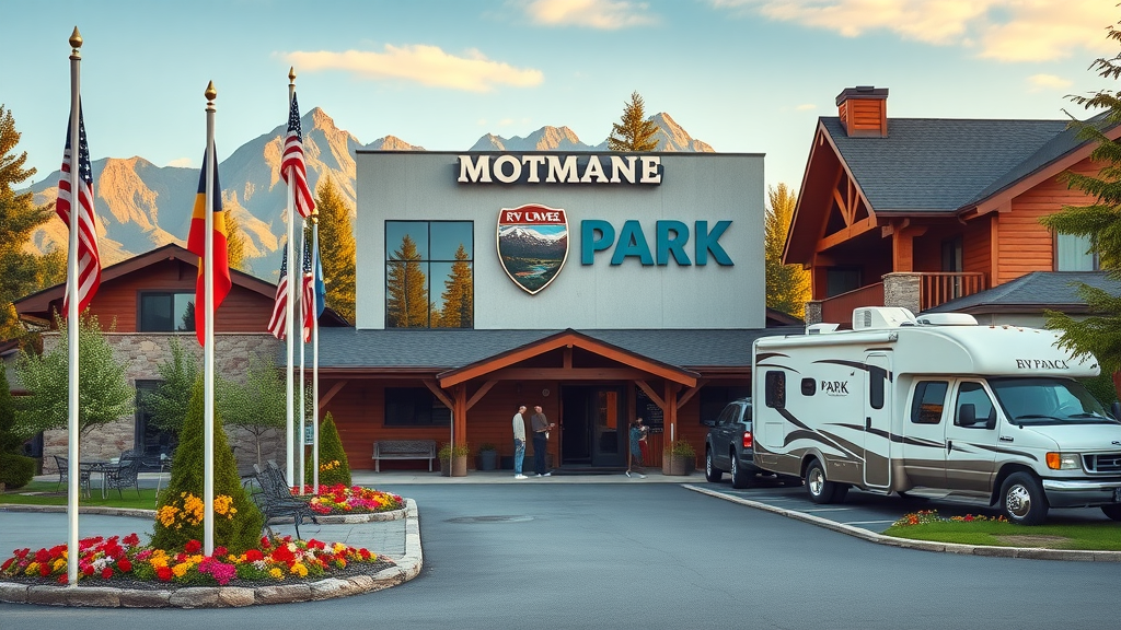 Entrance to West Glacier RV Park with lodge and mountain backdrop