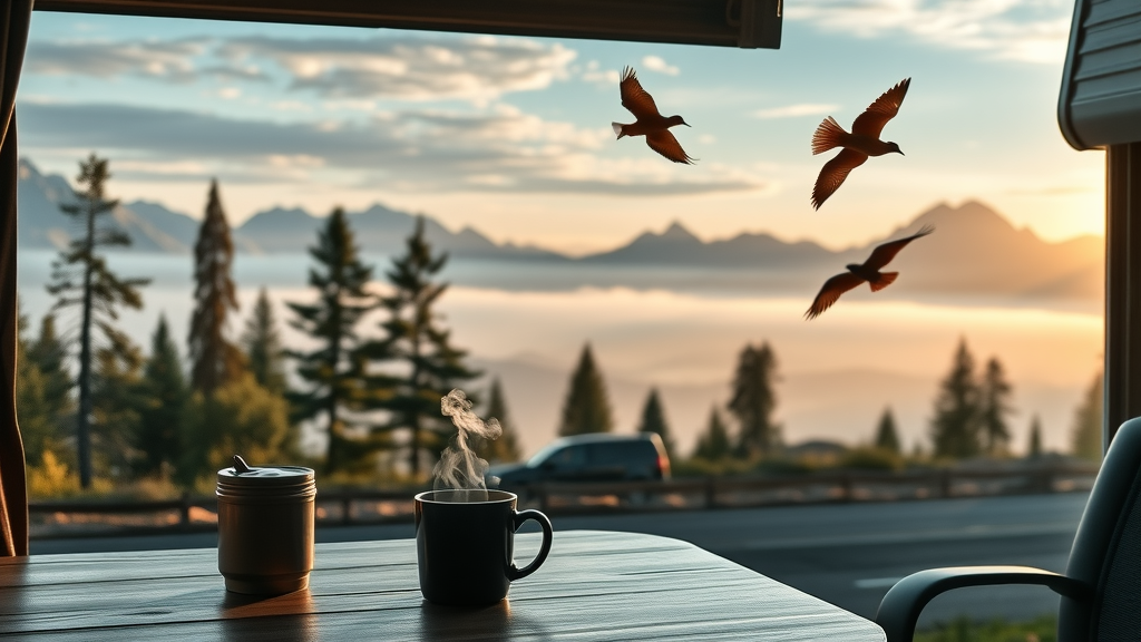 Morning RV park view with coffee, hiker, and Glacier National Park scenery
