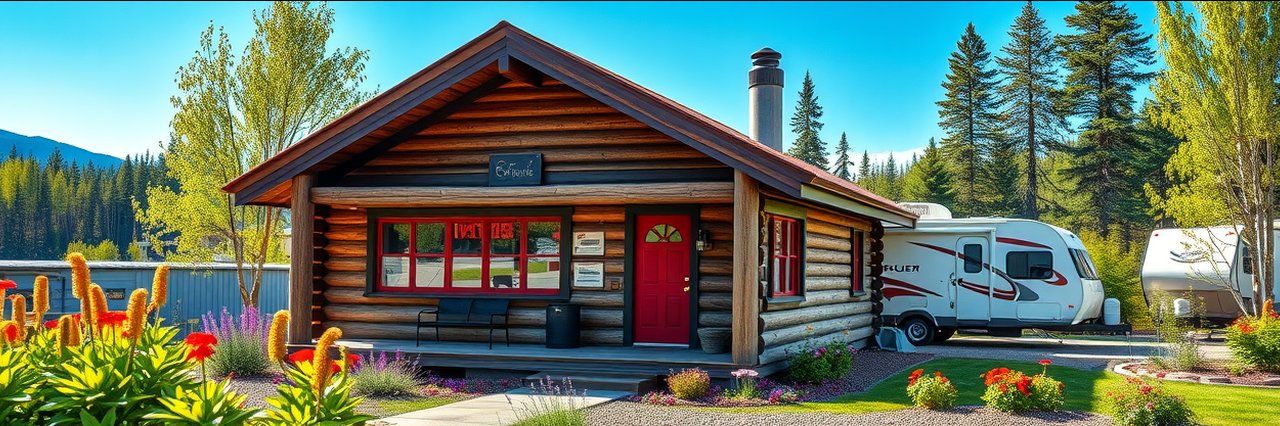 Rustic log cabin resort office at west glacier rv sites with lush greenery.