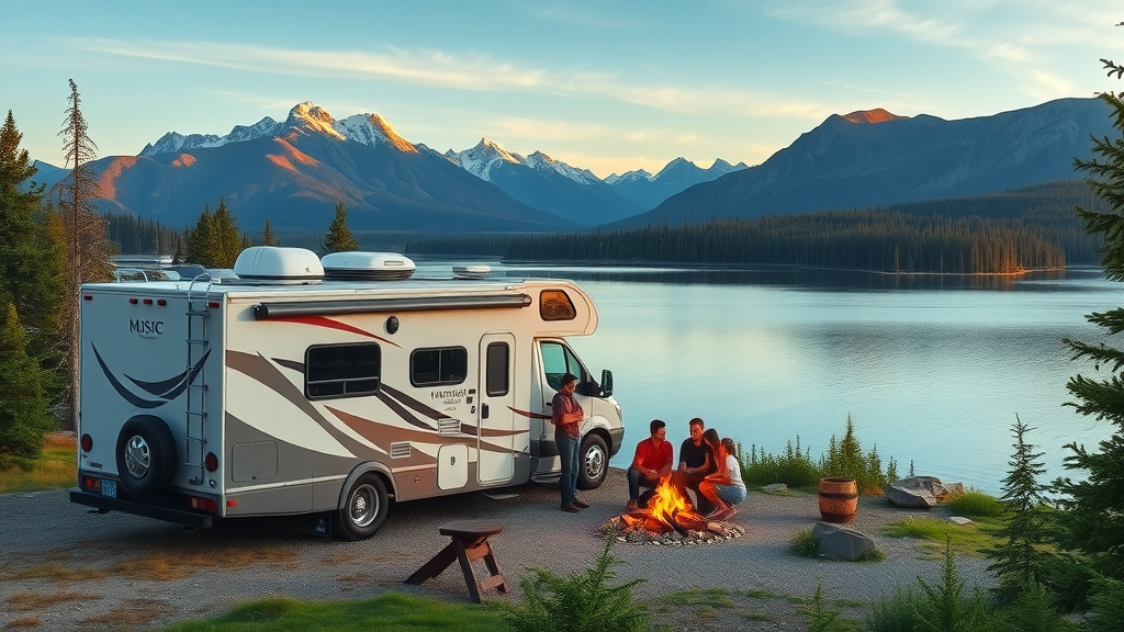 Family RV camping by Lake Five in West Glacier with mountain and forest views