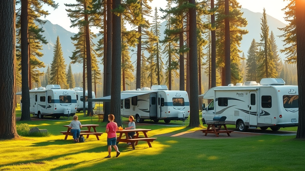 Spacious West Glacier RV sites beneath pine trees with mountains in background