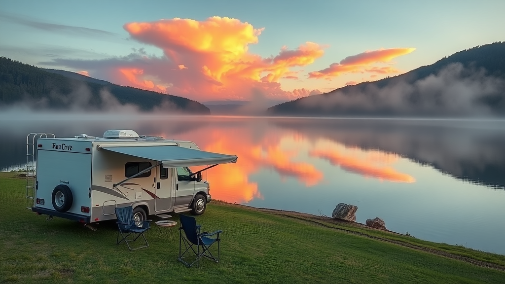 Peaceful sunrise at lakeside West Glacier RV site with scenic reflections