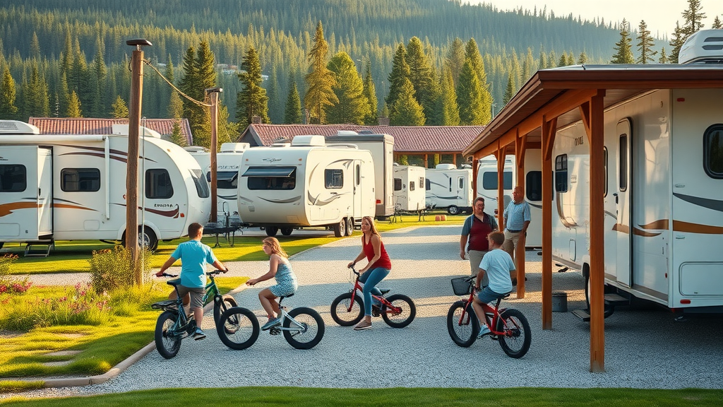 Families enjoying community spaces at modern West Glacier RV sites resort