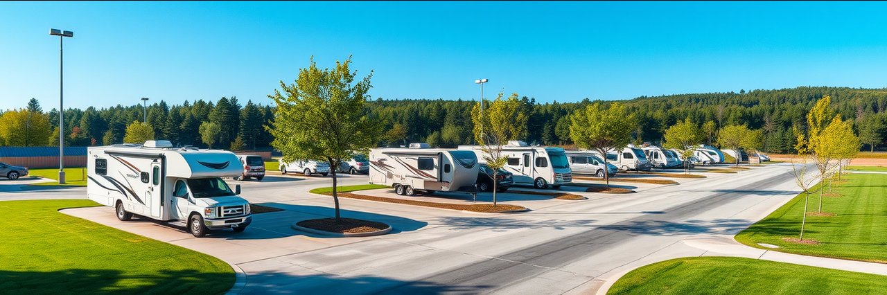 Luxury RV resort with modern RVs, manicured lawns, and spacious pads under clear blue sky.