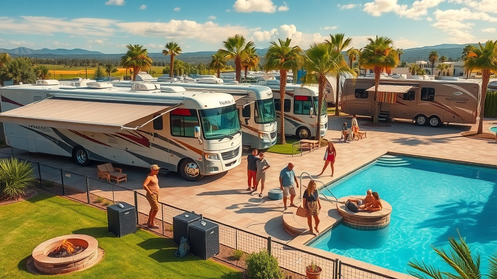 Luxury RV resort pool with palm trees and modern RVs under bright Texas sun