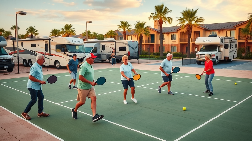 Luxury RV resort retirees playing pickleball surrounded by palm trees at sunset