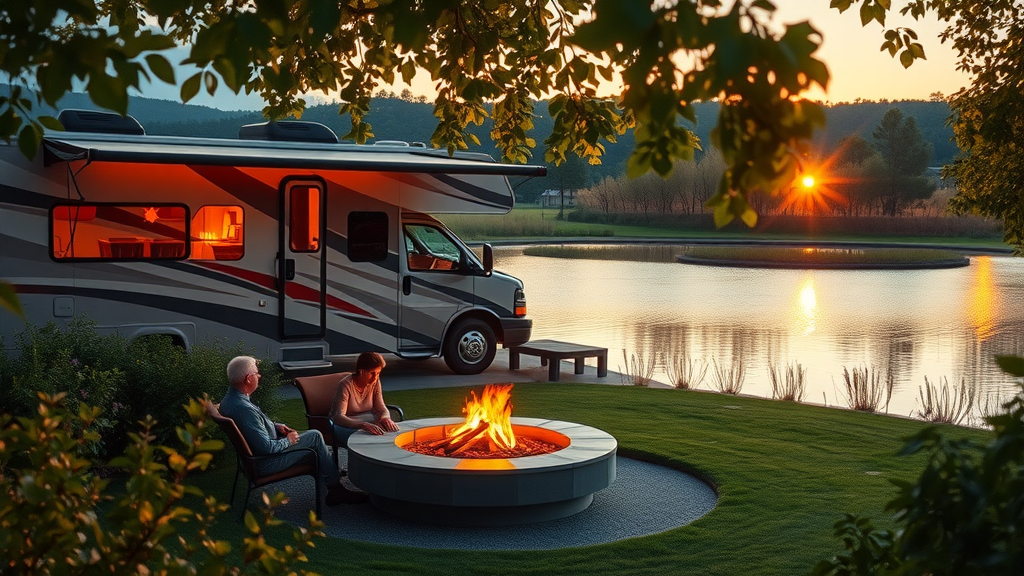 Couple by fire pit at luxury RV resort overlooking pond at sunset