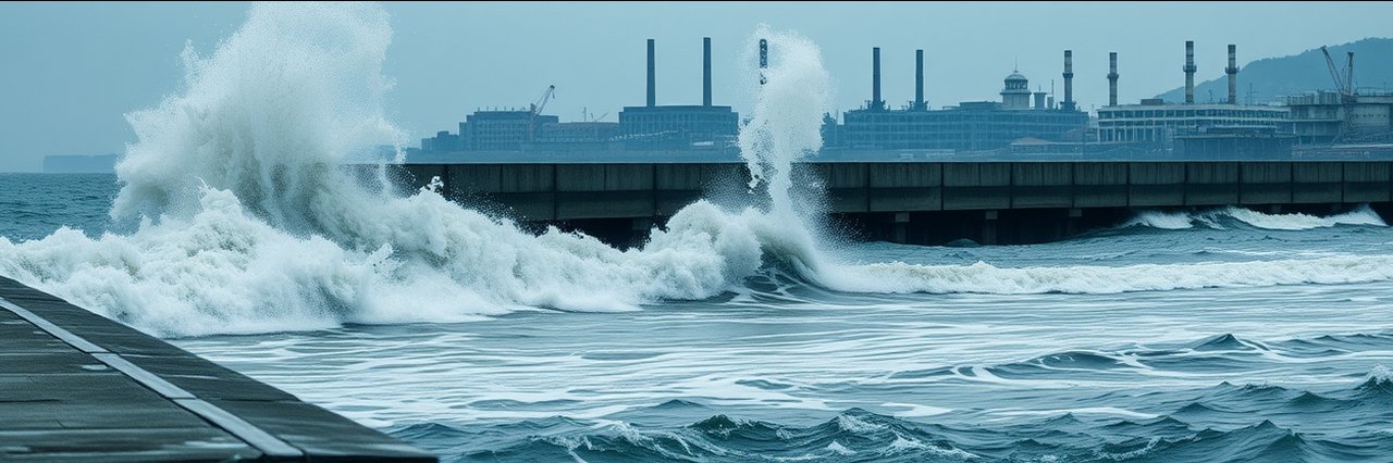 Rough waves crash on seawall near industrial buildings, dynamic scene at oceanfront