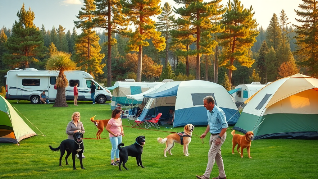 Pet friendly campgrounds with families and dogs under trees at sunset