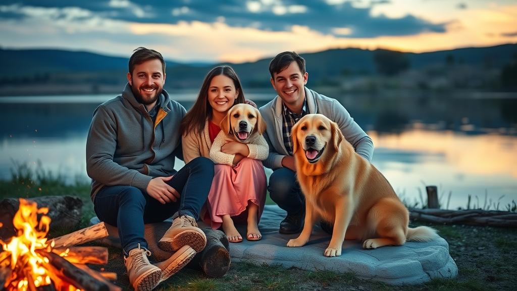 Family and golden retriever at pet friendly campground by a lake at dusk