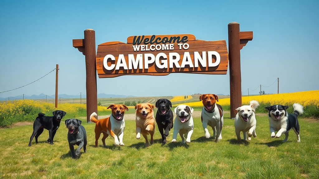 Pet friendly campgrounds entrance with dogs playing and owners nearby