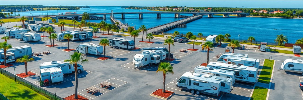 Aerial view of RV resort amenities with organized sites and waterfront location.