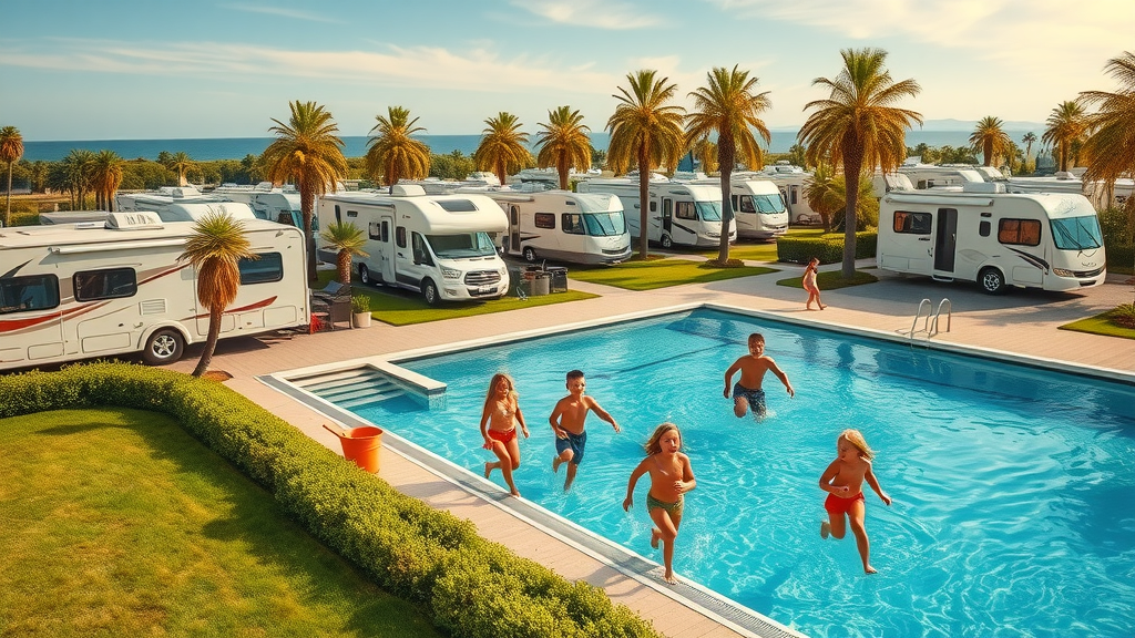 Modern RV resort amenities with pool, playground, and scenic landscaping