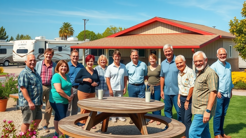 Friendly RV resort staff greeting guests amid top RV resort amenities outdoors