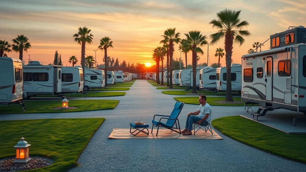 RV resort amenities highlighted at sunset with clean, spacious campsites
