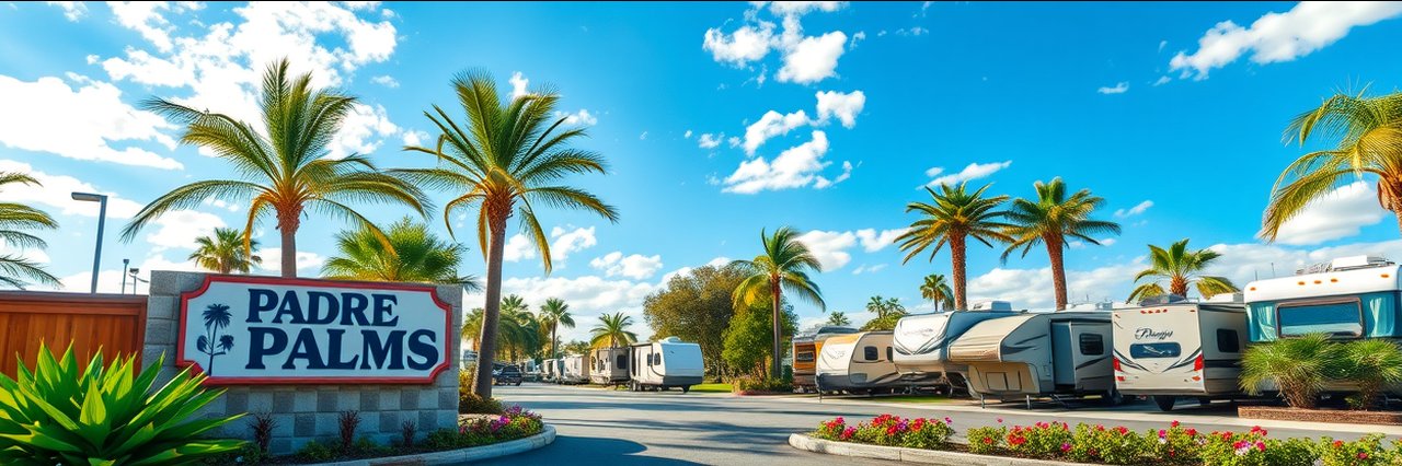 Coastal RV resort entrance with palm trees and RVs under a sunny blue sky