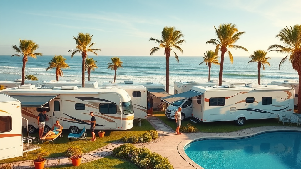 Modern coastal RV resort with palm trees, RVs, pool, and ocean in background