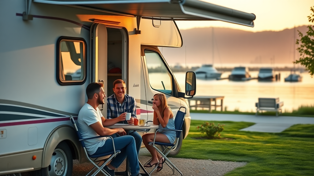 Family relaxing outside RV at a coastal RV resort during sunrise by the bay